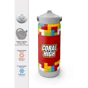 CORAL HIGH 38392 KIDS RENKLİ BLOK DESENLİ KATLANIR AĞIZLI PİPETLİ ÇELİK TERMOS 650ML