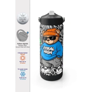 CORAL HIGH 38332 KIDS GRAFİTİ AYICIK DESENLİ KATLANIR AĞIZLI PİPETLİ ÇELİK TERMOS 650ML