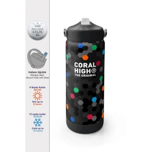 CORAL HIGH 38310 KIDS SİYAH RENKLİ PETEK DESENLİ KATLANIR AĞIZLI PİPETLİ ÇELİK TERMOS 650ML