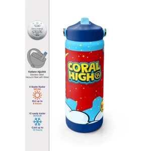 CORAL HIGH 38327 KIDS KIRMIZI MAVİ ASTRONOT UZAY DESENLİ KATLANIR AĞIZLI PİPETLİ ÇELİK TERMOS 650ML