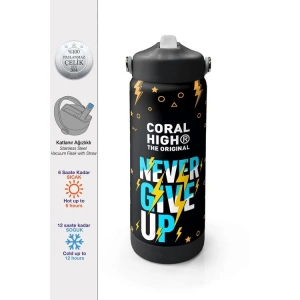 CORAL HIGH 38320 KIDS SİYAH NEVER GIVE UP DESENLİ KATLANIR AĞIZLI PİPETLİ ÇELİK TERMOS 650ML