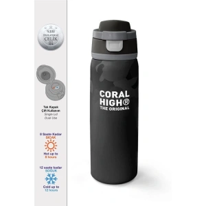 CORAL HIGH 38516 KIDS SİYAH KAMUFLAJ DESENLİ PİPETLİ VE DİREKT İÇİM ÇELİK TERMOS 800ML