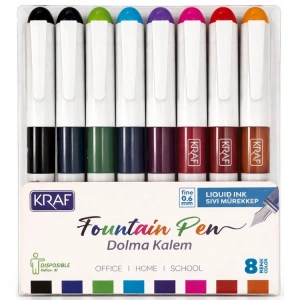 KRAF 303 KULLAN AT FINE 0.6mm DOLMA KALEM SETİ 8 Lİ (8 RENK) TEK PAKET