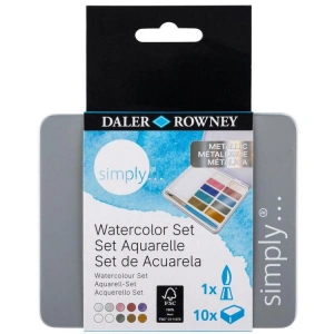 DALER ROWNEY SIMPLY WATERCOLOR SULU BOYA SETİ METALİK RENKLER 10LU (10 RENK+1 AD FIRÇA)  TENEKE KUTU - FT134500017