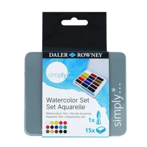 DALER ROWNEY SIMPLY WATERCOLOR SULU BOYA SETİ 15Lİ (15 RENK+1 AD FIRÇA)  METAL KUTU - FT134500015