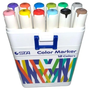 STA 910312 ÇİFT UÇLU ALKOL BAZLI MARKER 1mm/1-7mm UÇ KALEM SETİ 12Lİ (RENK) TAŞIMA SAPLI PLASTİK KUTULU