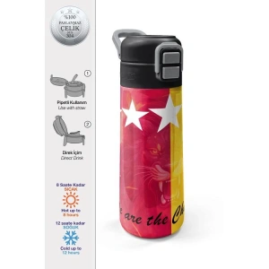 CORAL HIGH 31792 SARI KIRMIZI TARAFTAR DESENLİ PİPETLİ VE DİREKT İÇİM ÇELİK TERMOS 500ML
