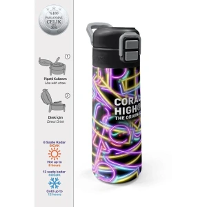 CORAL HIGH 38130 SİYAH RENKLİ NEON DESENLİ PİPETLİ VE DİREKT İÇİM ÇELİK TERMOS 500ML