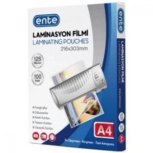 ENTE LAMİNASYON FİLMİ PARLAK A4 125 MİC 100LÜ 303x216mm - 0204