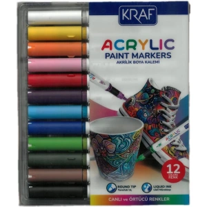 KRAF 666 AKRİLİK MARKER YUVARLAK UÇ BOYA KALEMİ SETİ 12Lİ