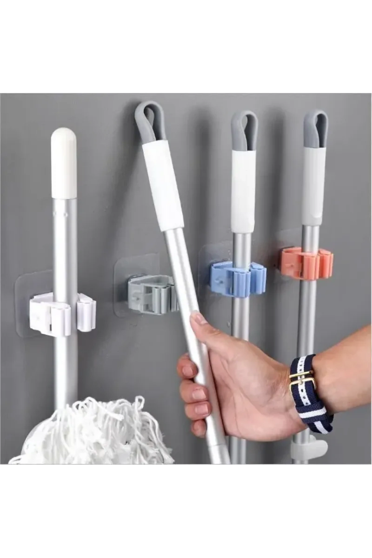 Ellesill Duvara Yapışkanlı Mop ve Paspas Tutucu 4’lü Set - Organizer Aparat