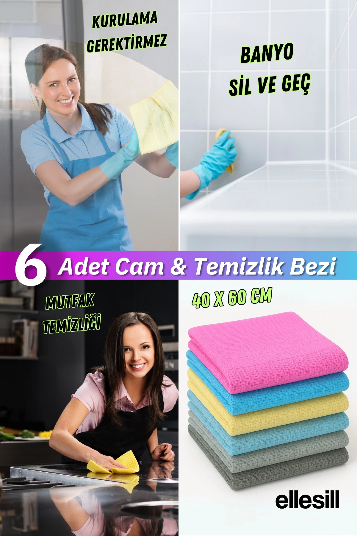 Ellesill 6 Adet Cam Bezi ve Temizlik Bezi 40x60 cm - Açık ve Koyu Renk (2 Paket)