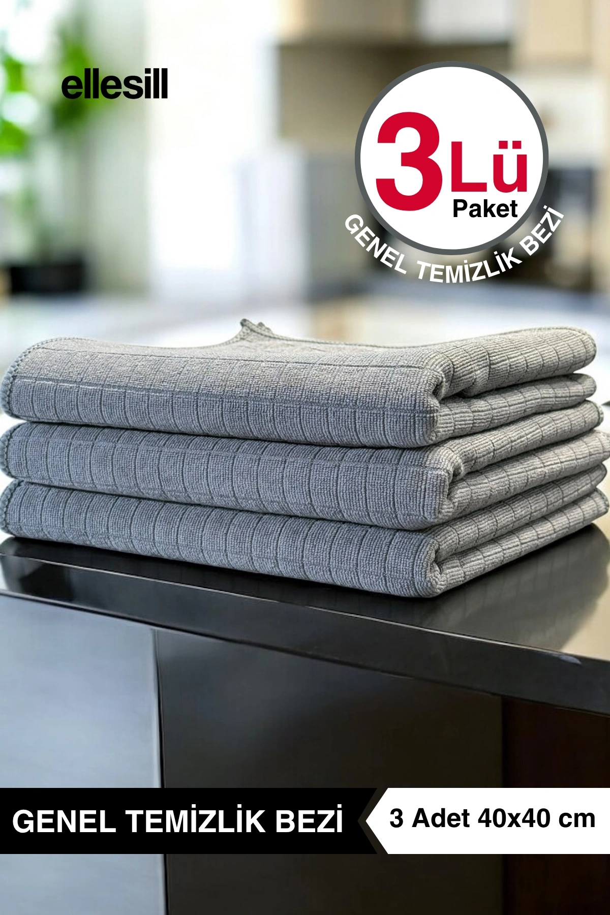 Ellesill Mikrofiber Kareli Genel Temizlik Bezi 3lü Cam, Mutfak, Yer Silme ve Kurulama Bezi Seti - 40x40 cm