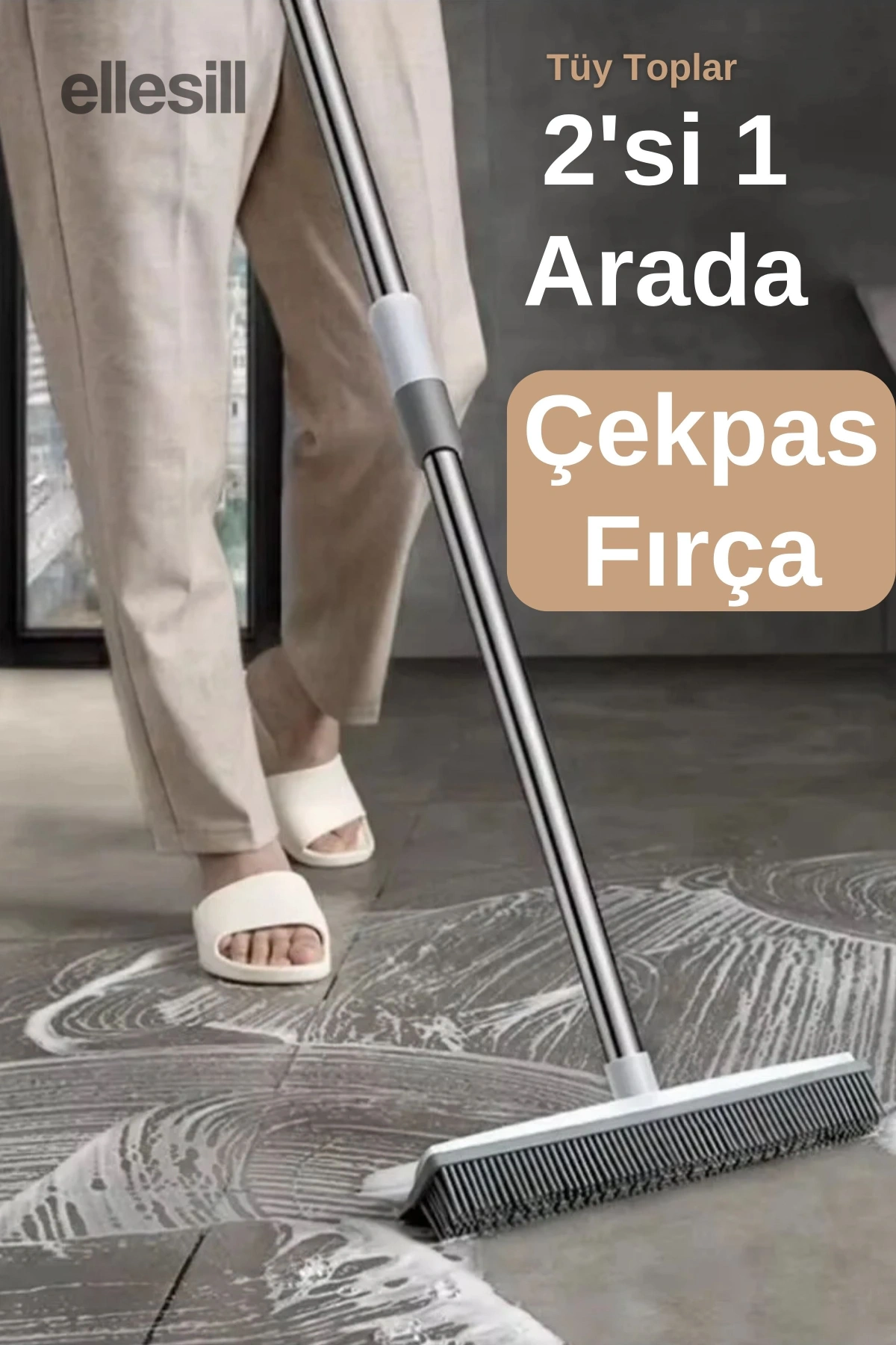 Kauçuk Zemin Çekpas Fırça Sihirli Süpürge 2si 1 Arada Ayarlanabilir Uzayan Saplı Tüy Toplayıcı Mop