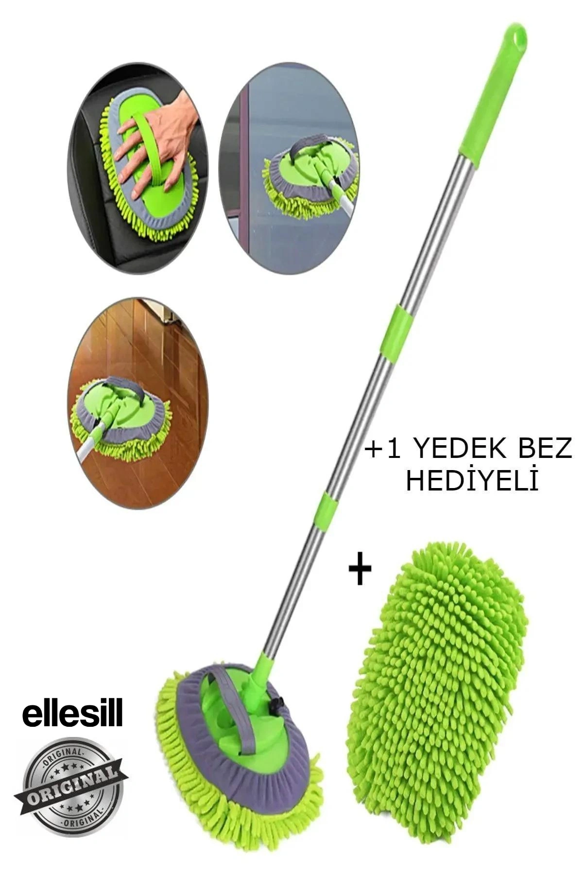 Ellesill 2 in 1 Mikrofiber Araba Yıkama Fırçası - Teleskopik Uzun Saplı Detay Fırçası