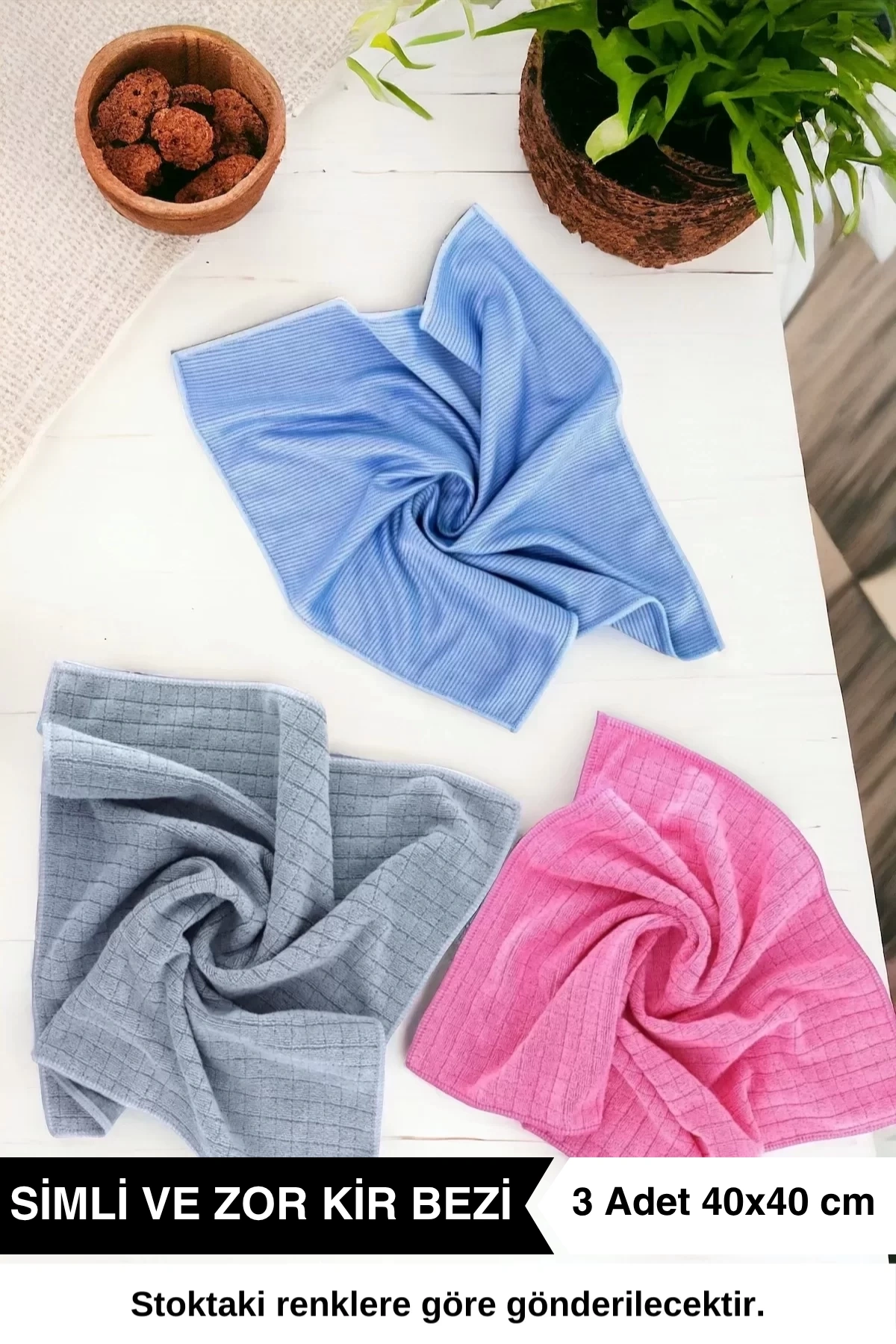 Ellesill 2li Simli Ovma ve Zor Kir Temizlik Bezi (Pembe-Gri-Mavi) - 40x40 cm