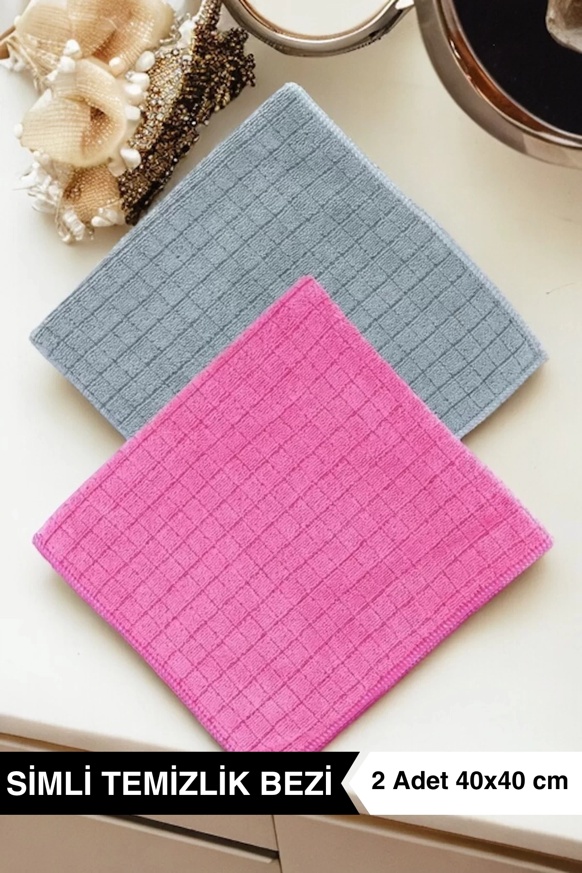 Ellesill 2li Simli Temizlik Bezi Pembe ve Gri Renk - 40x40 cm