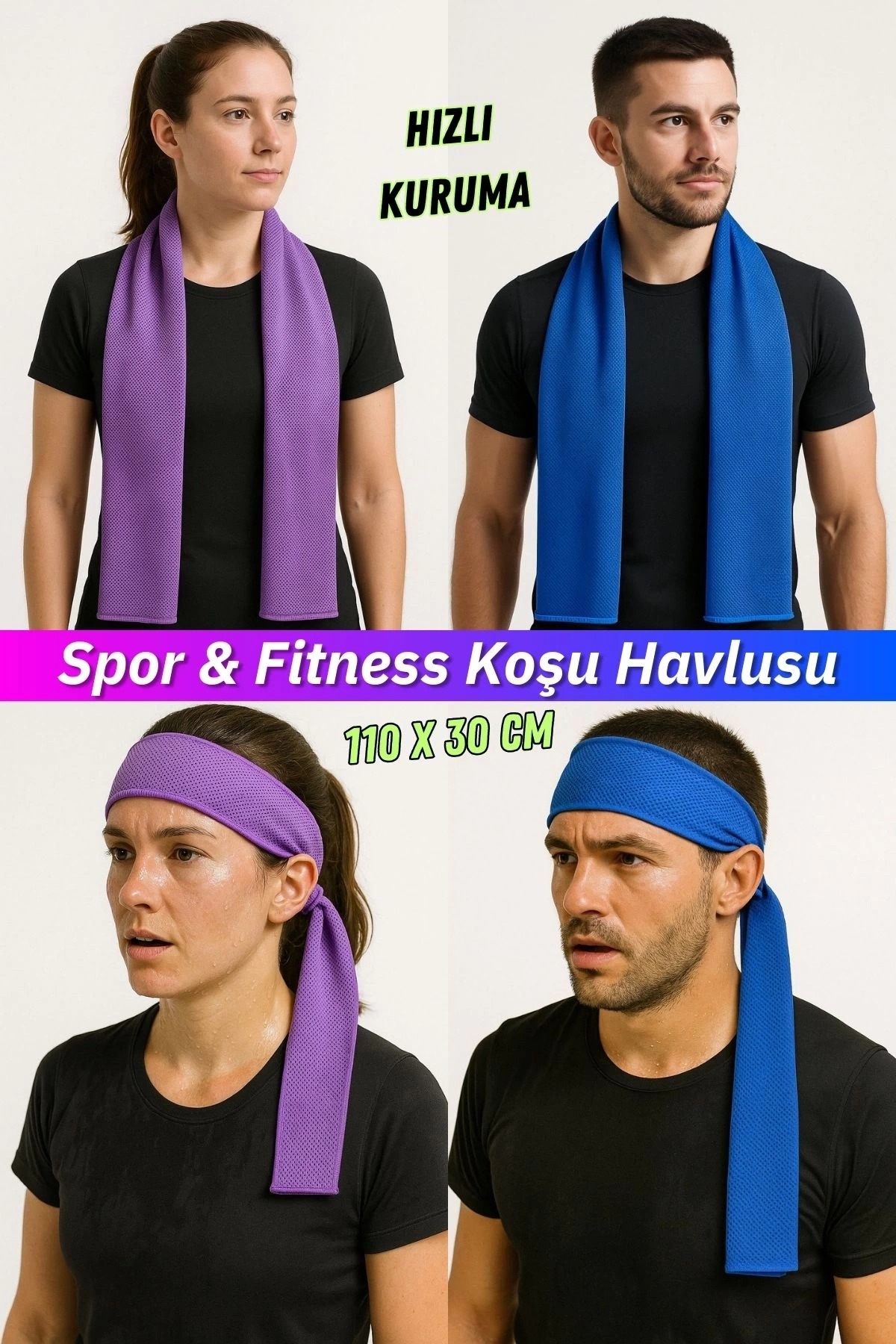 Ellesill Hızlı Kuruyan Spor Havlusu Fitness Havlusu Koşu Havlusu 110x30 cm - PowerCool