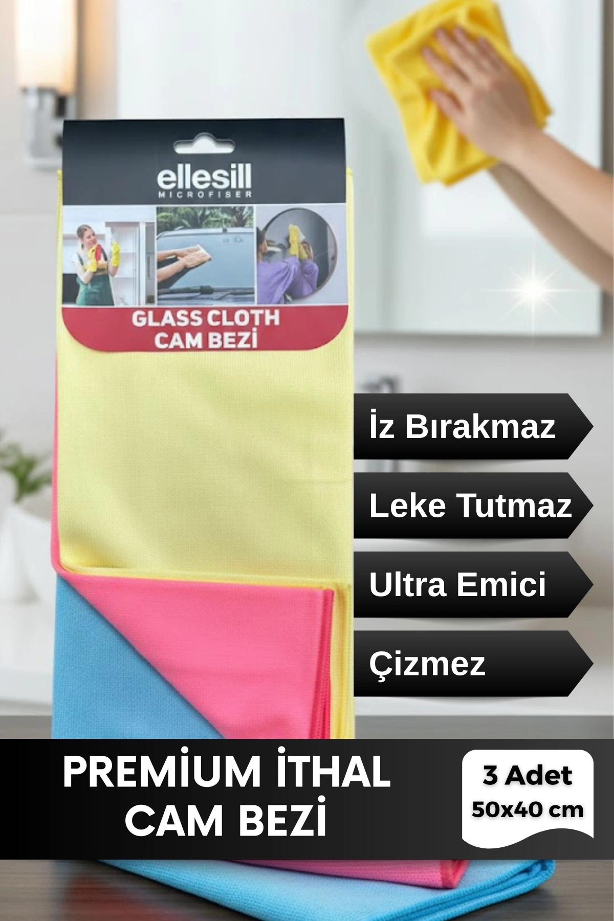 Ellesill İthal 3lü Premium Mikrofiber Cam Bezi, Temizlik Bezi, Kurulama Bezi 50x40cm