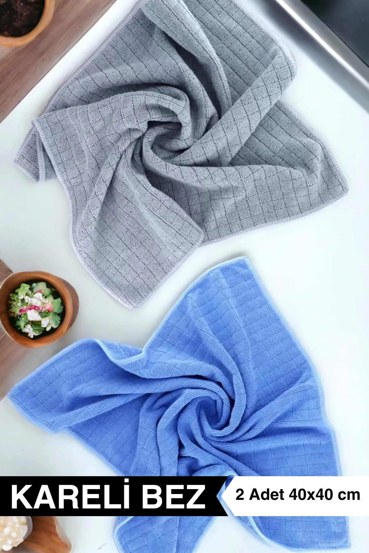 Ellesill Kareli Temizlik Bezi Mavi-Gri 2li Set | 40x40 cm