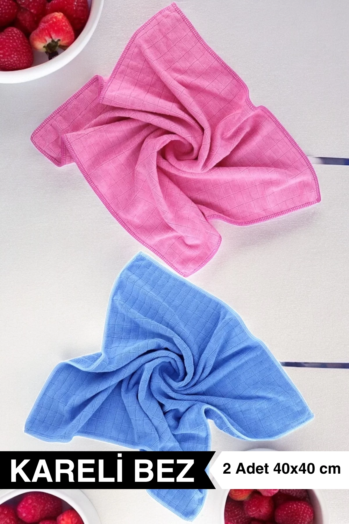 Ellesill Kareli Temizlik Bezi Pembe-Mavi 2li Set | 40x40 cm