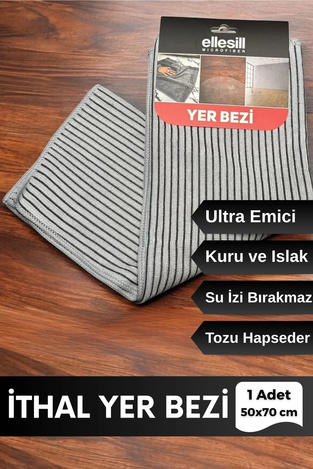 Ellesill Premium Yer Bezi 50x70 cm Siyah Çizgili Mikrofiber Temizlik Bezi - FloorClothX