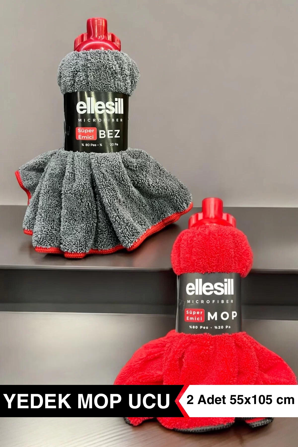 Ellesill Yedek Mop Ucu 2li Set - Gri ve Kırmızı