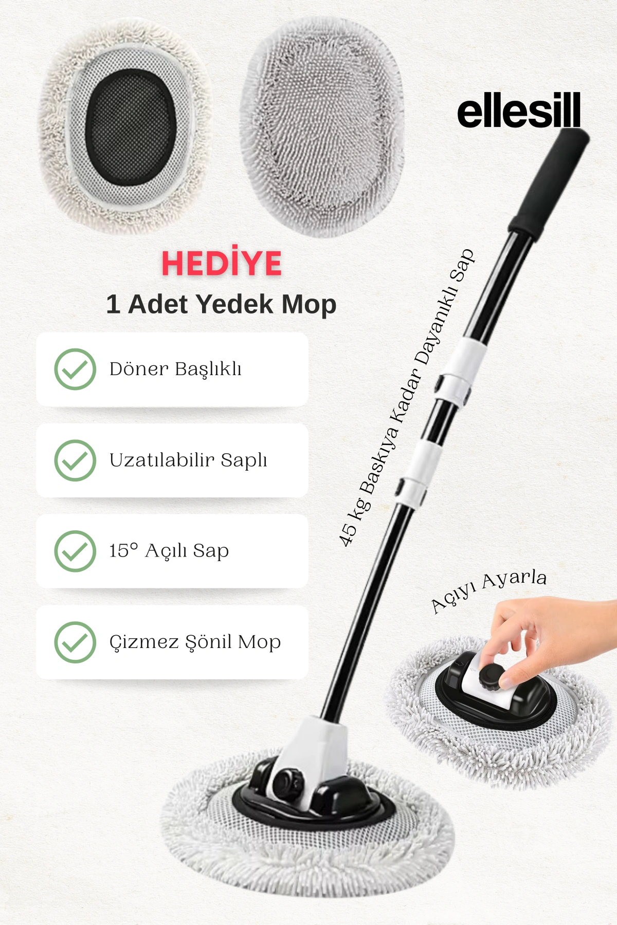 Araba Yıkama Mopu +1 Adet Hediye Yedek Mop Döner Başlıklı Teleskopik Saplı Araba Yıkama Fırçası