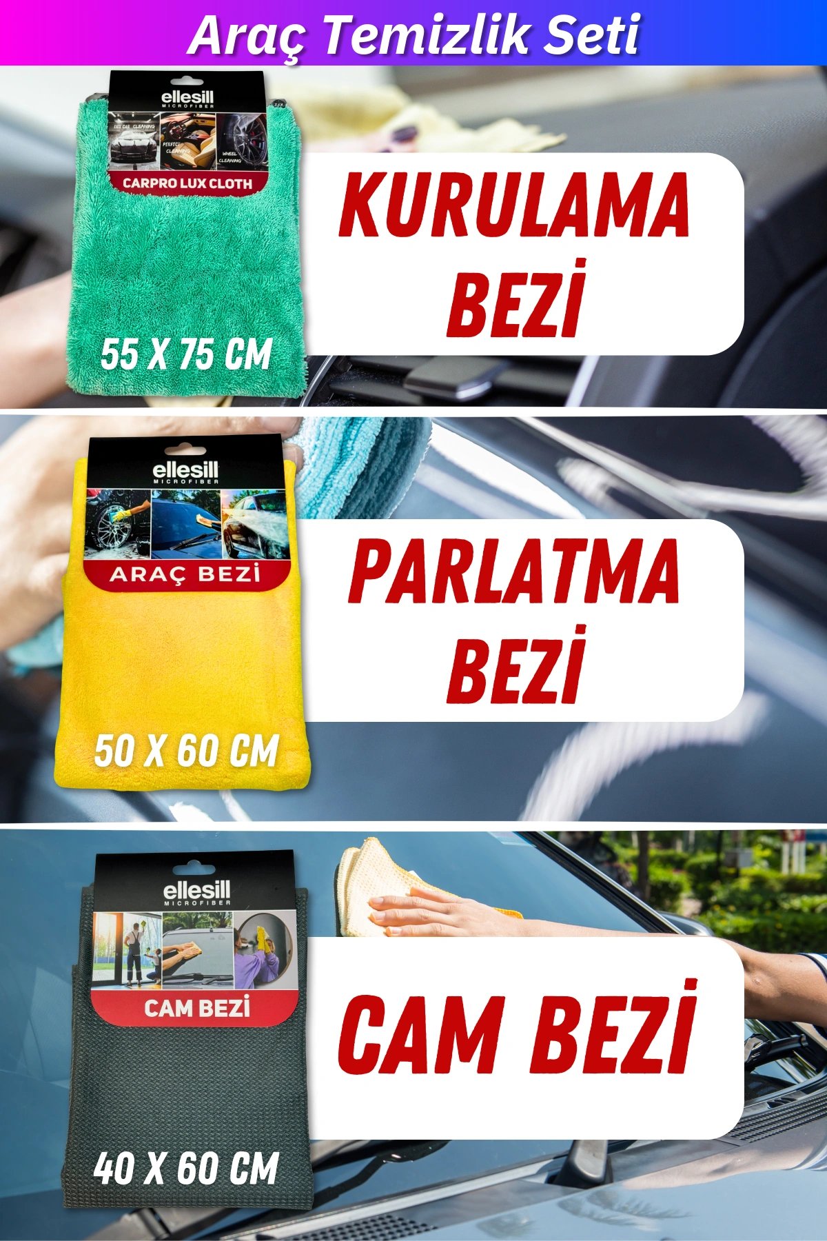 Araç Temizlik Bezi 3’lü Mikrofiber Oto Yıkama Seti | Cam Bezi, Kurulama Bezi, Cila ve Parlatma Bezi