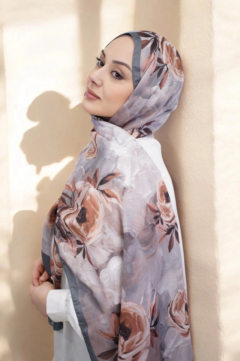 Gül Desen Retro Şal - Gri