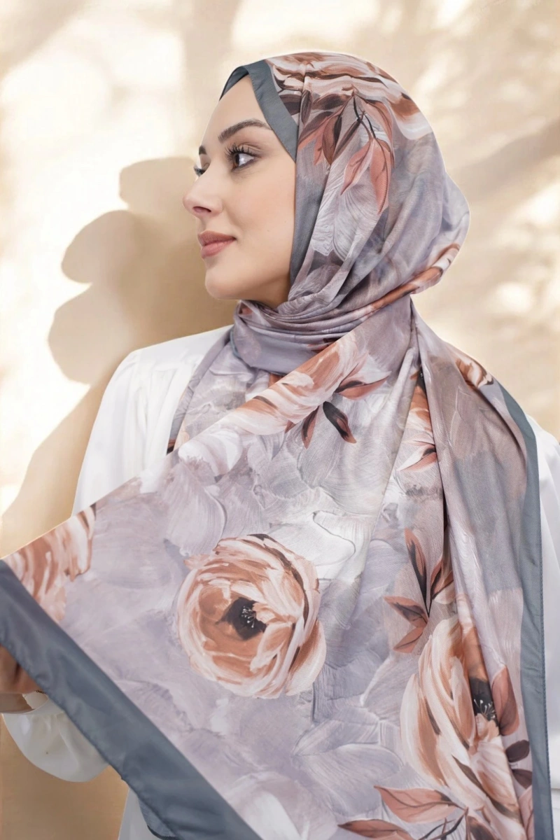 Gül Desen Retro Şal - Gri