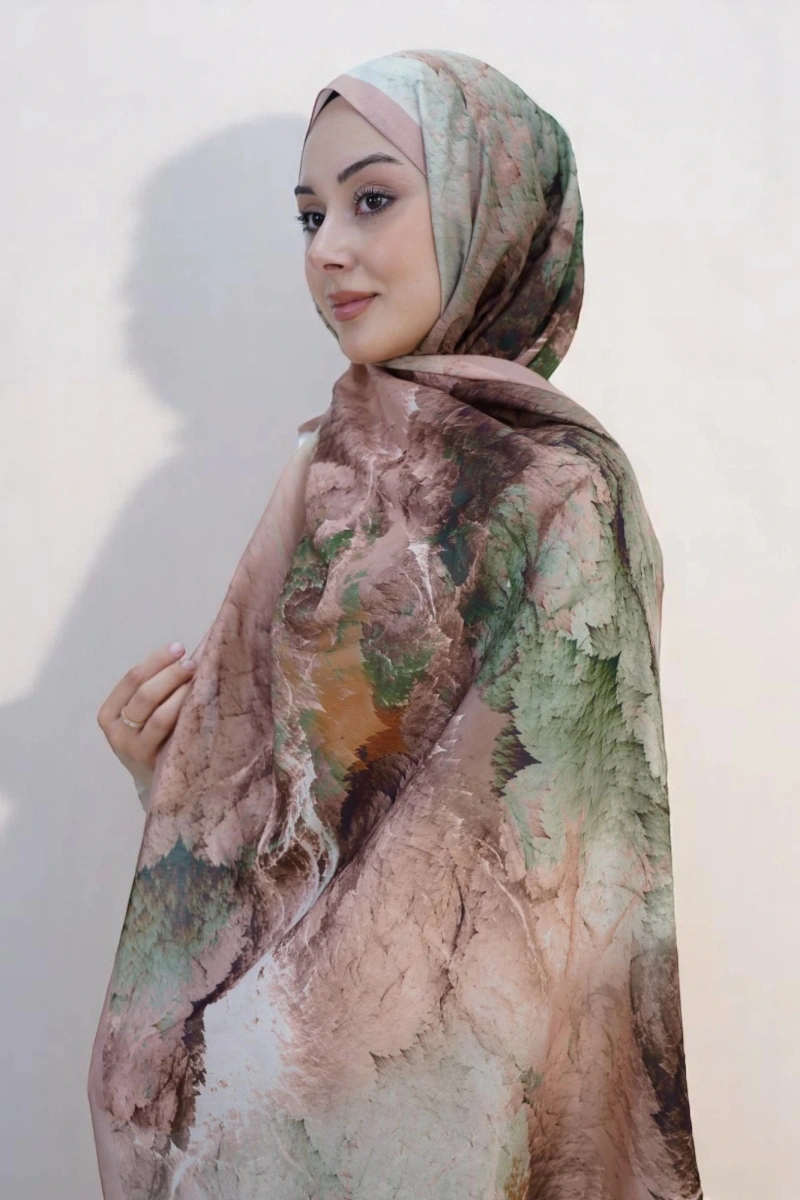 Çınar Model Retro Desen Retro Şal - Bej Yeşil