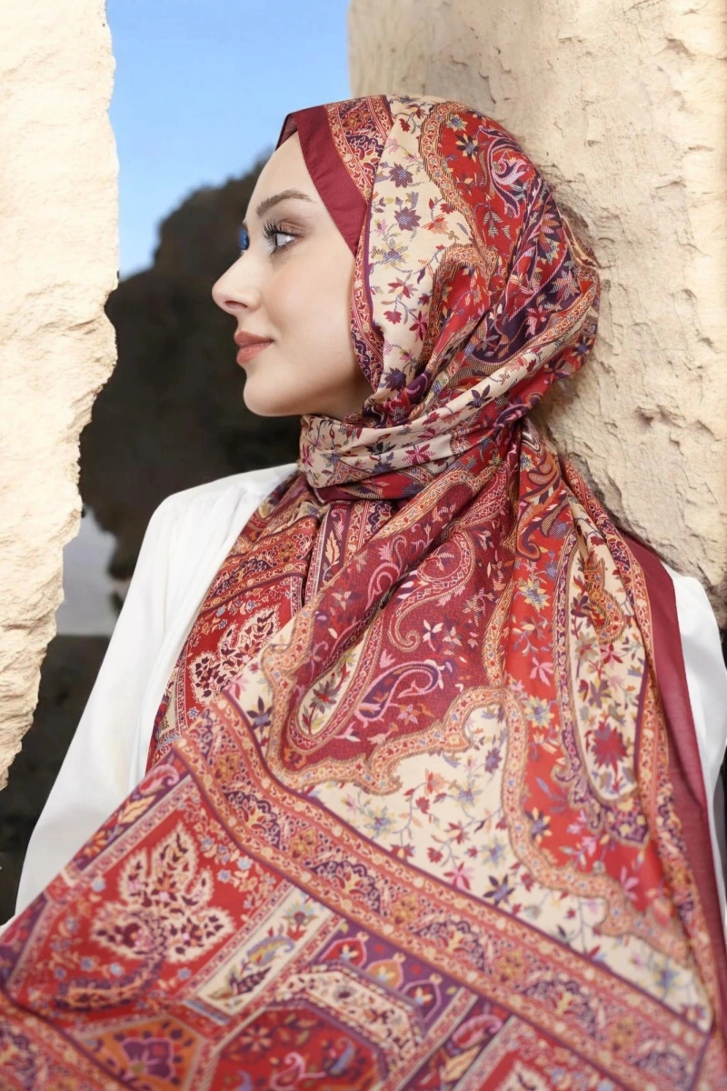 Kapadokya Model Retro Şal - Bordo Krem