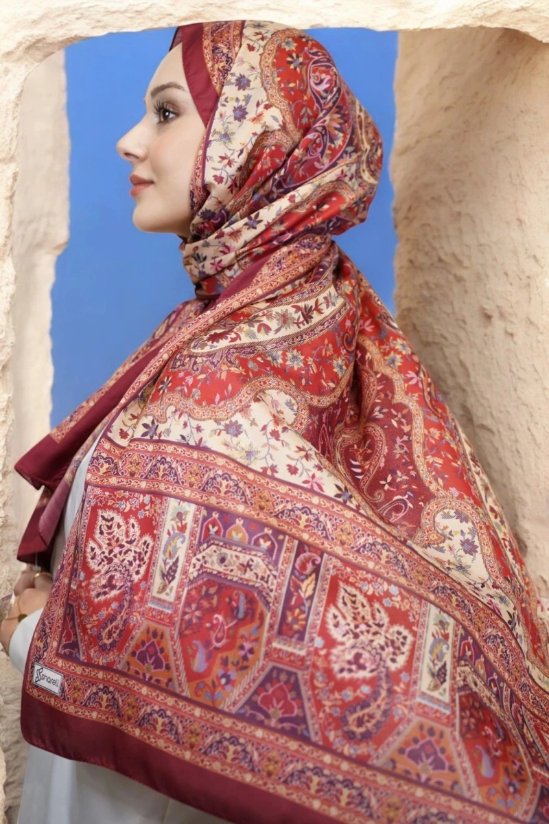 Kapadokya Model Retro Şal - Bordo Krem