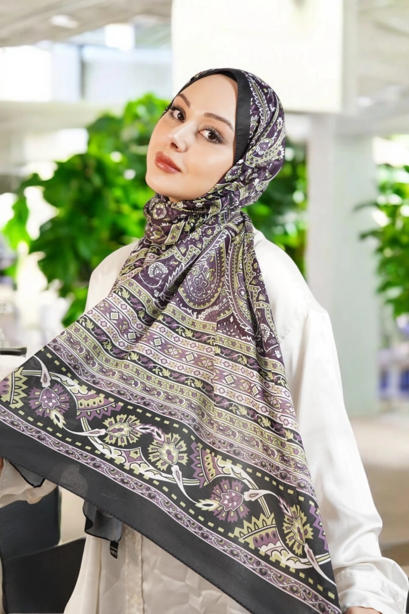 Amber Model Retro Desen Şal - Siyah Mor