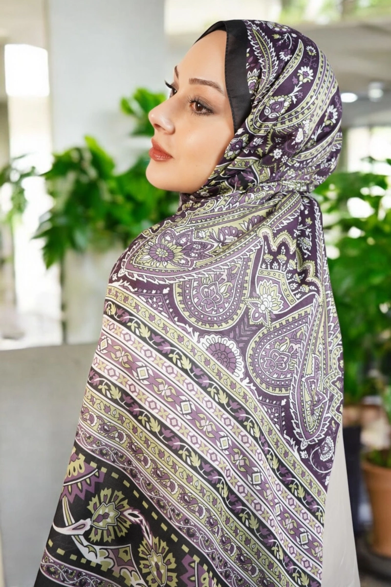 Amber Model Retro Desen Şal - Siyah Mor
