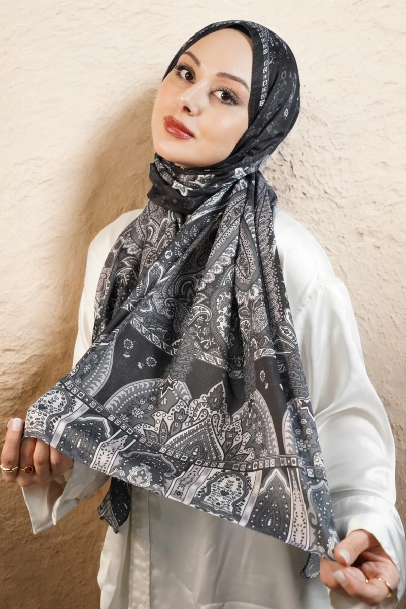 Babil Model Retro Desen Şal - Siyah