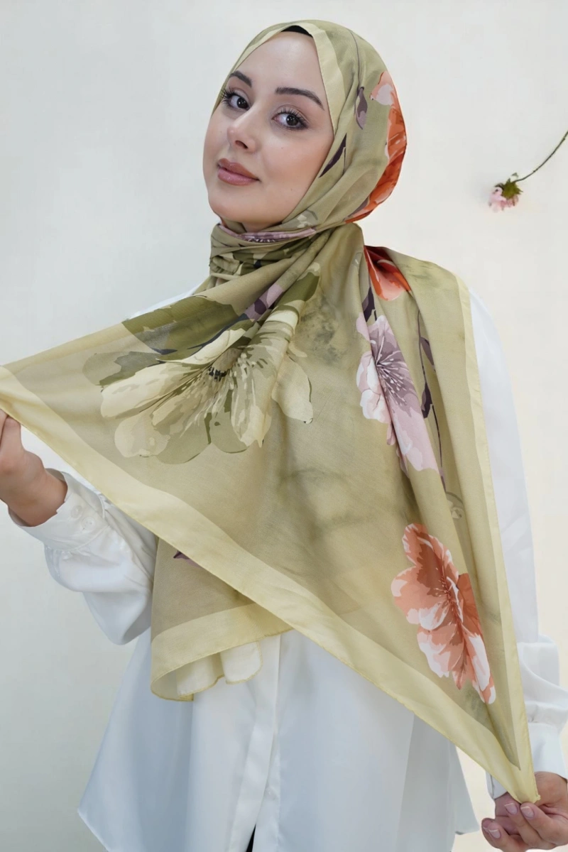 Bahar Model Retro Desen Retro Şal Çağla yeşili