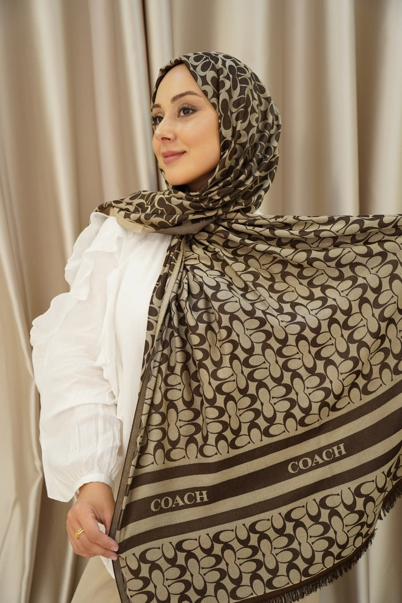C Model Çift Taraflı Kaşmir Şal - Kahve