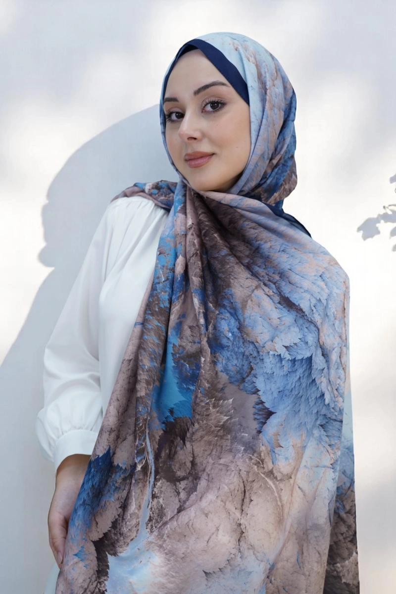 Çınar Model Retro Desen Retro Şal - Lacivert Krem