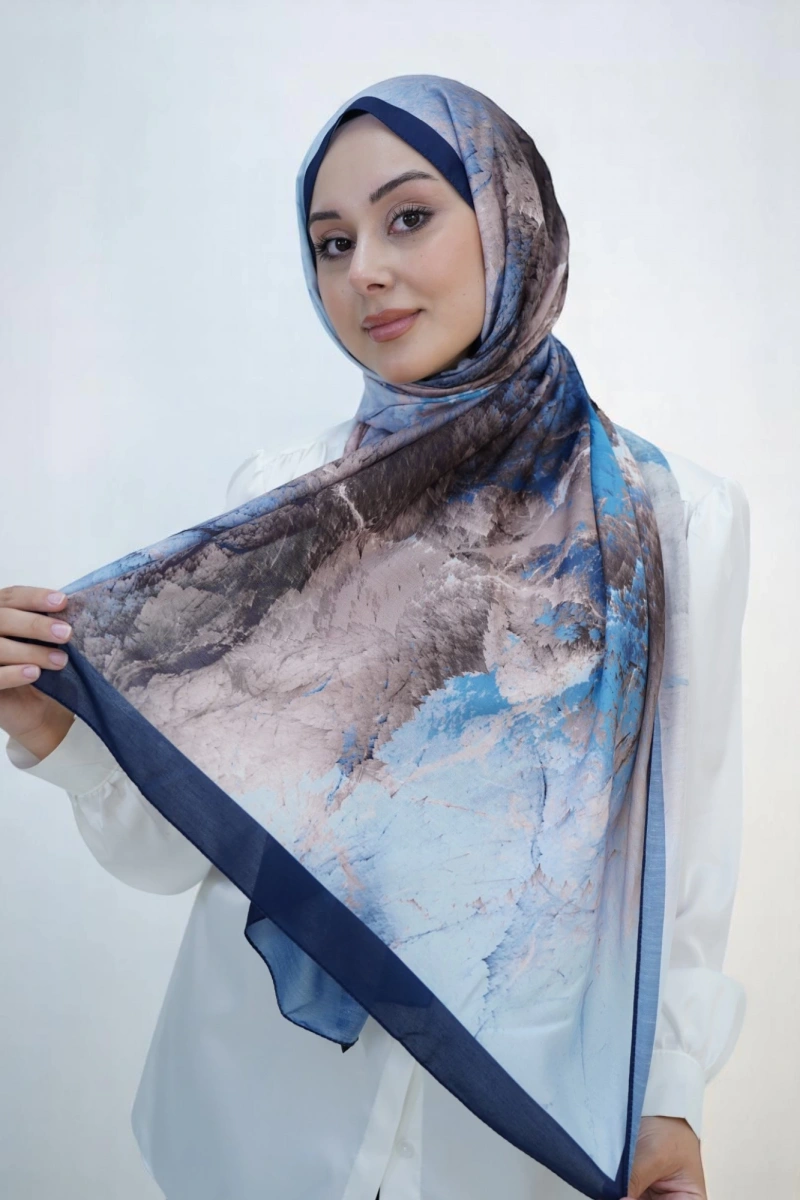 Çınar Model Retro Desen Retro Şal - Lacivert Krem