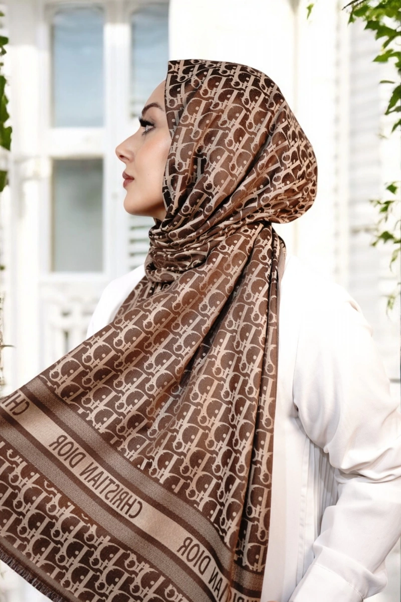 D Model Çift Taraflı Kaşmir Şal - Kahverengi