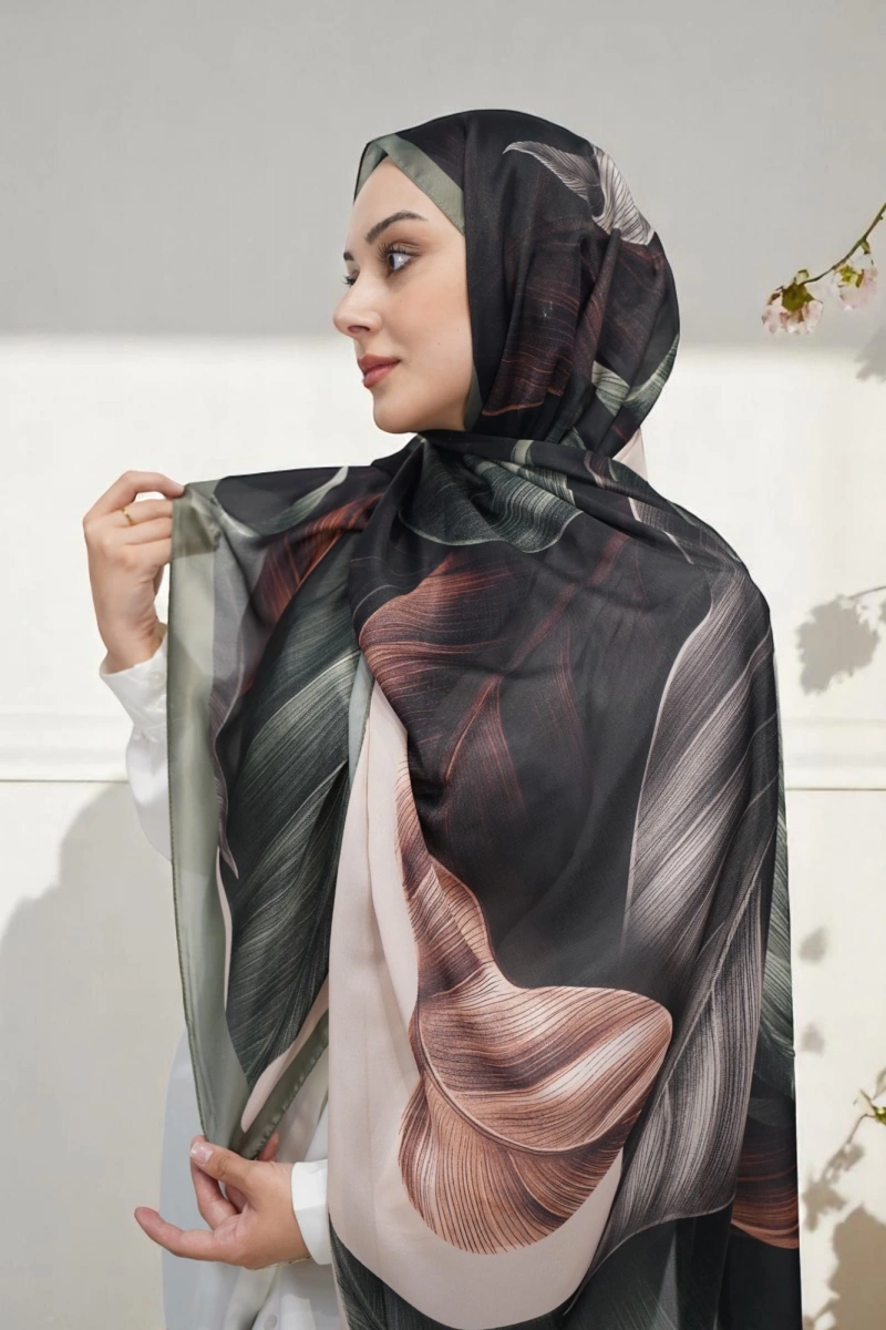 Esinti Model Retro Desen Retro Şal Haki Yeşil