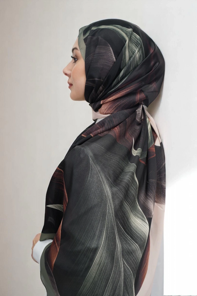 Esinti Model Retro Desen Retro Şal Haki Yeşil