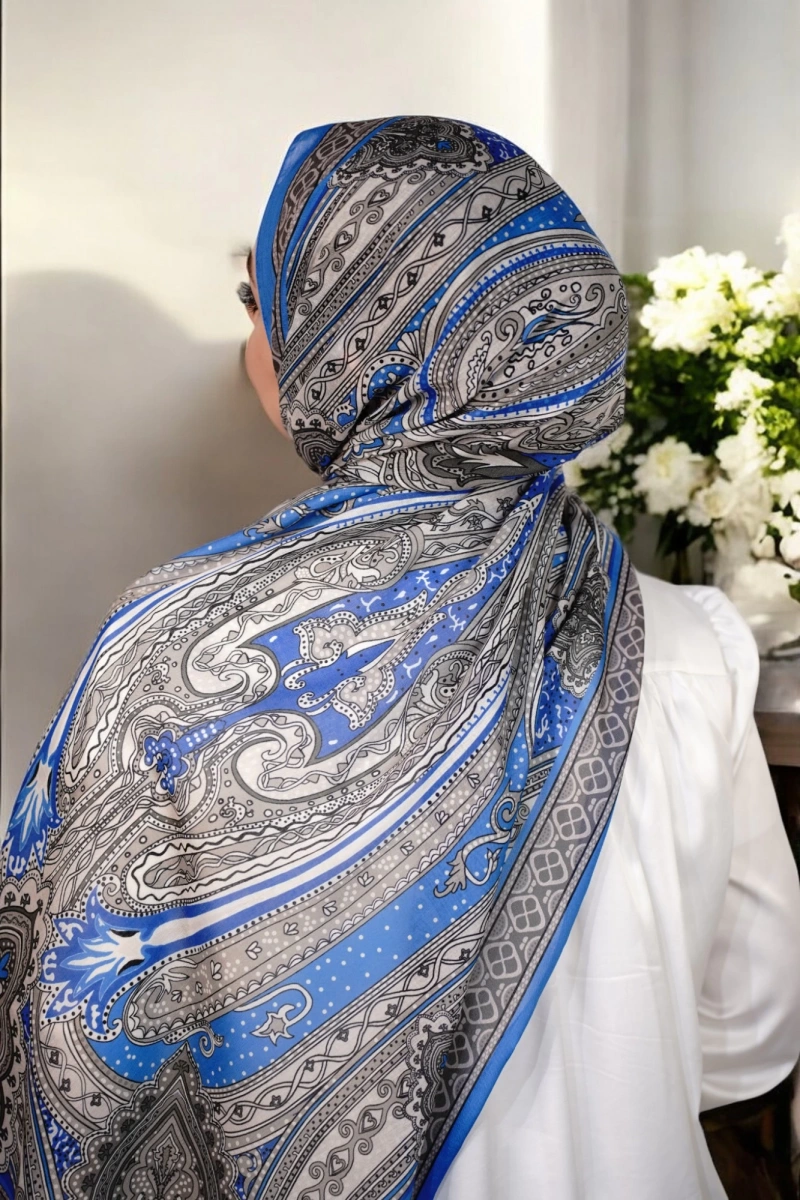 Etnik Model Retro Şal - Mavi Gri