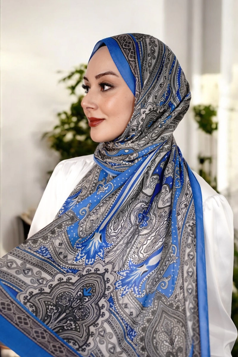 Etnik Model Retro Şal - Mavi Gri