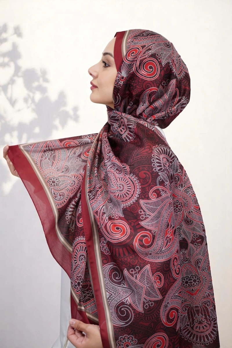 Evora Model Etnik Desen Retro Şal Bordo