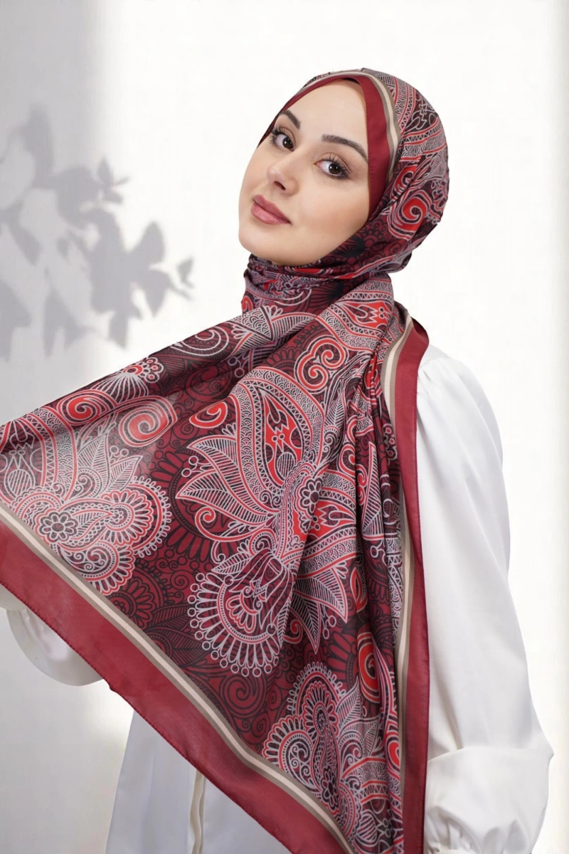 Evora Model Etnik Desen Retro Şal Bordo