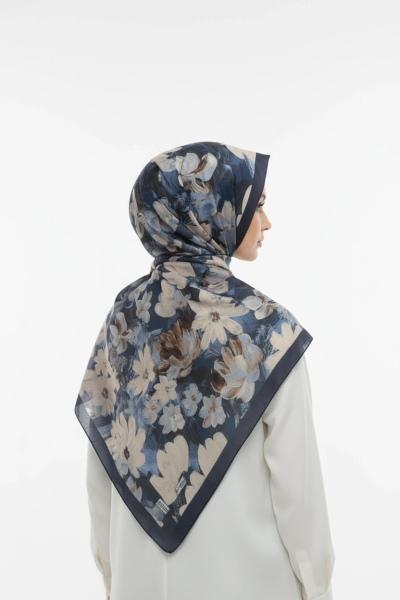 Flora Model Retro Desen Şal - Gece Mavisi