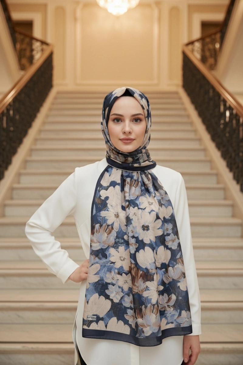 Flora Model Retro Desen Şal - Gece Mavisi